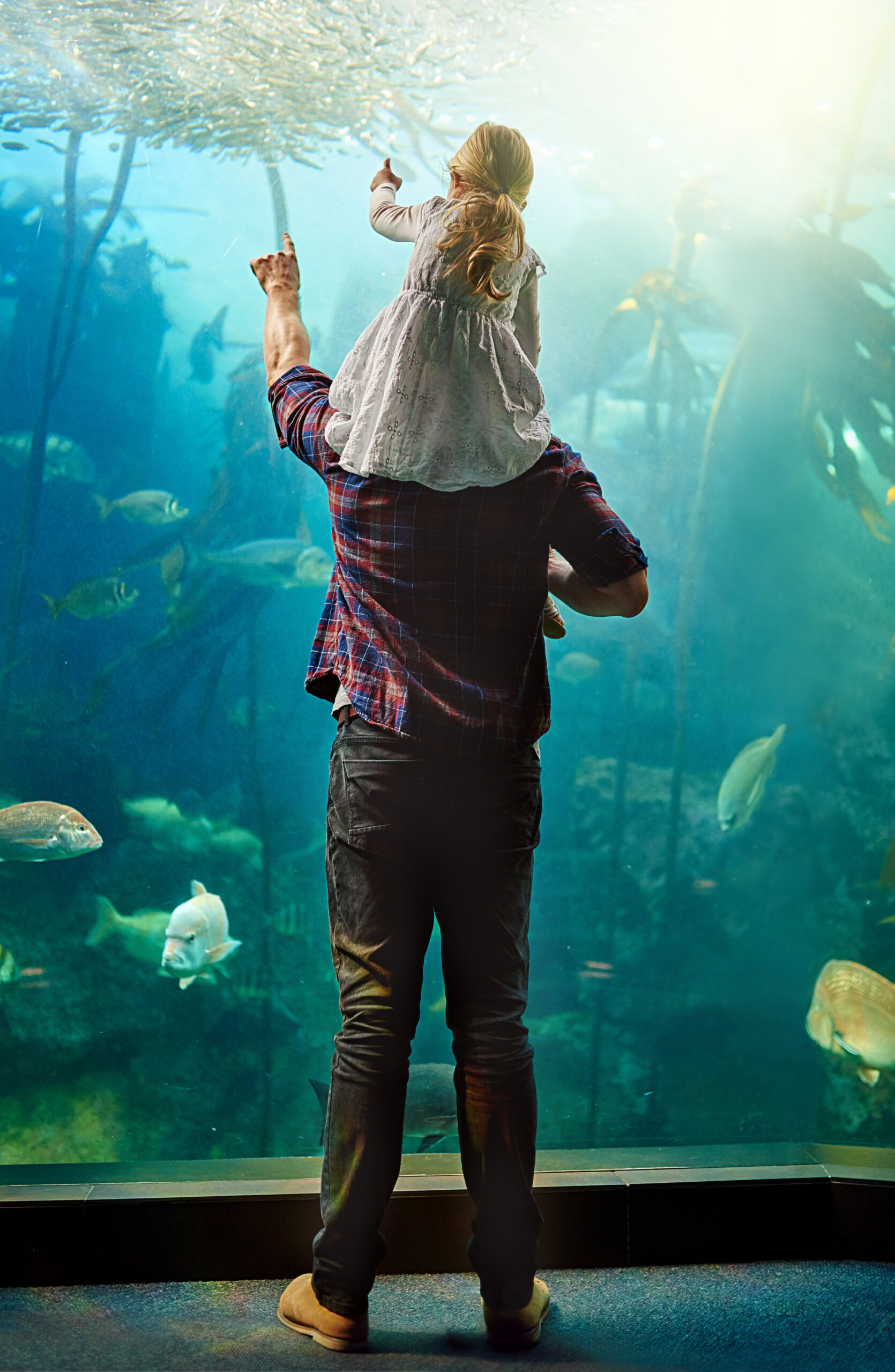 Shot of a father and his little daughter looking at an exhibit in an aquarium.