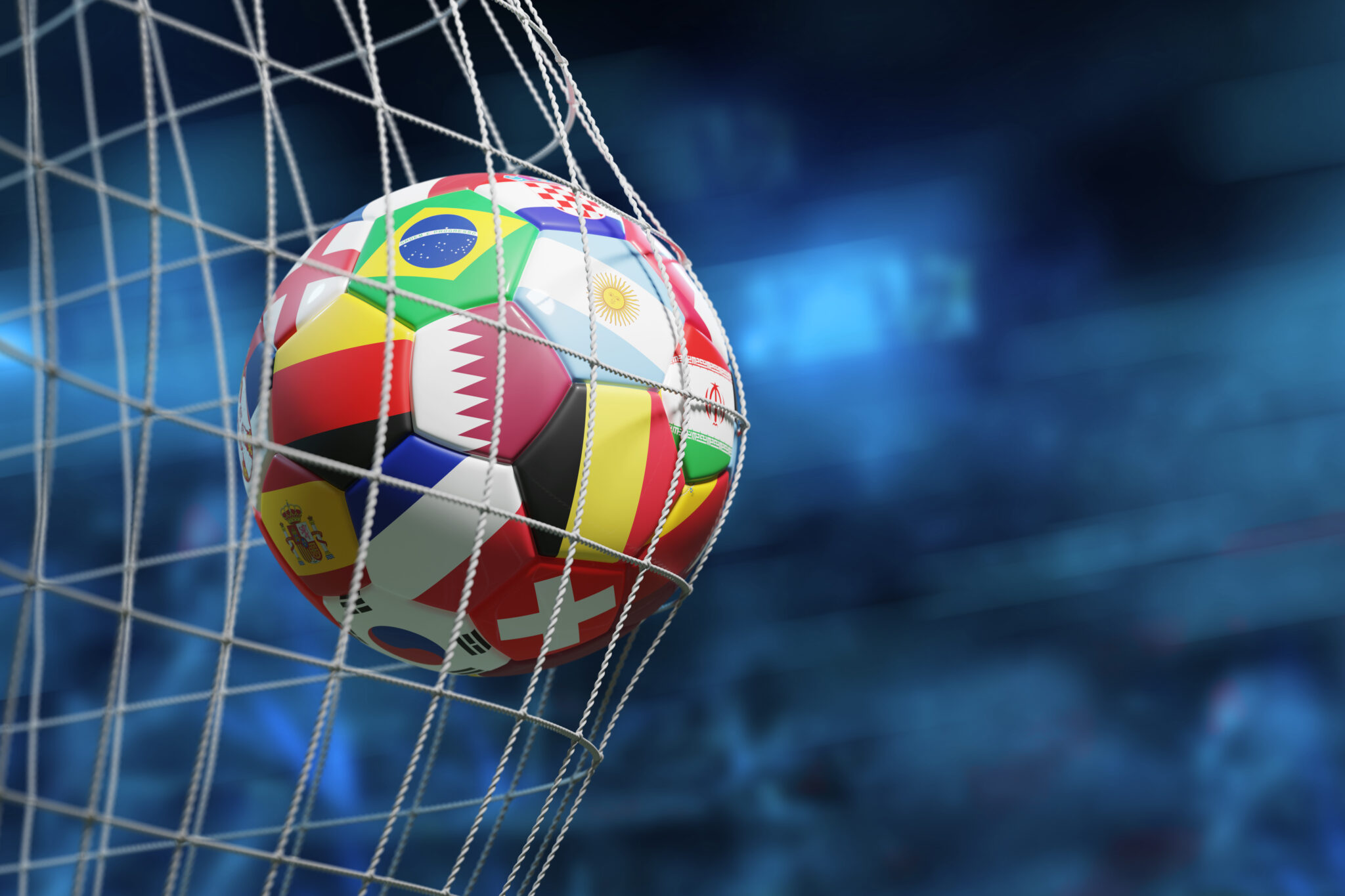 Soccer ball with world championship flags scoring the goal and moving the net. 3D illustration.